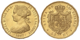 SPANISH MONARCHY: ELISABETH II

10 Escudos. 1867. MADRID. 8,31 grs. Restos de brillo original. AC-813. EBC.