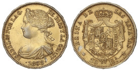 SPANISH MONARCHY: ELISABETH II

10 Escudos. 1868. MADRID (*18-68). 8,46 grs. Platino sobredorado. FALSA DE ÉPOCA en Platino. (Dos pruebas de metal e...