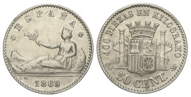 PESETA SYSTEM: PROVISIONAL GOVERNMENT AND I REPUBLIC

50 Céntimos. 1869 (*6-9). S.N.-M. AC-13. MBC.