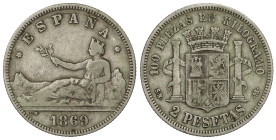 PESETA SYSTEM: PROVISIONAL GOVERNMENT AND I REPUBLIC

2 Pesetas. 1869 (*18-68). S.N.-M. El `9´ de la segunda estrella cerrado formando un `8´. AC-20...
