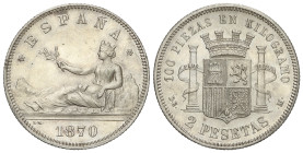 PESETA SYSTEM: PROVISIONAL GOVERNMENT AND I REPUBLIC

2 Pesetas. 1870 (*18-73). D.E.-M. (Leves rayitas, limpiada). AC-28. (EBC-).