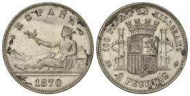 PESETA SYSTEM: PROVISIONAL GOVERNMENT AND I REPUBLIC

2 Pesetas. 1870 (*18-74). D.E.-M. (Oxidaciones limpiadas). AC-31. EBC-.