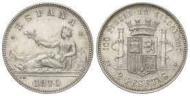 PESETA SYSTEM: PROVISIONAL GOVERNMENT AND I REPUBLIC

2 Pesetas. 1870 (*18-74). D.E.-M. AC-31. EBC-.