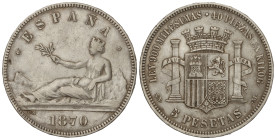 PESETA SYSTEM: PROVISIONAL GOVERNMENT AND I REPUBLIC

5 Pesetas. 1870 (*18-70). S.N.-M. (Pequeños golpecitos). AC-39. MBC+.