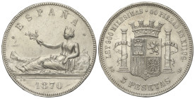 PESETA SYSTEM: PROVISIONAL GOVERNMENT AND I REPUBLIC

5 Pesetas. 1870 (*18-70). S.N.-M. (Algo limpiada). AC-39. MBC+.