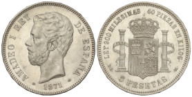 PESETA SYSTEM: AMADEO I

5 Pesetas. 1871 (*18-71). S.D.-M. (Leves golpecitos). AC-1. EBC-/EBC.