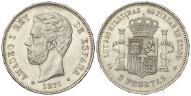 PESETA SYSTEM: AMADEO I

5 Pesetas. 1871 (*18-71). S. D. -M. (Pequeñas rayitas y golpecitos en gráfila del reverso). Restos de brillo. AC-1. EBC-.