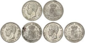 PESETA SYSTEM: AMADEO I

Lote 3 monedas 5 Pesetas. 1871 (*18-71). S.D.-M. 2x variante base de la columna más corto, otro variante sin punto detrás d...