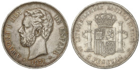 PESETA SYSTEM: AMADEO I

5 Pesetas. 1871 (*18-74). D.E.-M. Pátina. AC-4. MBC+.