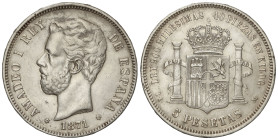 PESETA SYSTEM: AMADEO I

5 Pesetas. 1871 (*18-75). D.E.-M. (Golpecitos). AC-7. MBC+.