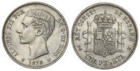 PESETA SYSTEM: ALFONSO XII

1 Peseta. 1876 (*18-76). D.E. -M. (El 6 de la segunda estrella algo flojo, Rayitas). AC-15. MBC+.