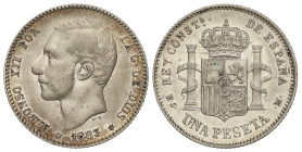 PESETA SYSTEM: ALFONSO XII

1 Peseta. 1883 (*18-83). M.S.-M. (Pequeña rotura de cuño y rayitas). Leves pátina irisada con restos de brillo original....