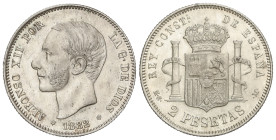 PESETA SYSTEM: ALFONSO XII

2 Pesetas. 1882 (*18-82). M.S.-M. (Leves rayitas). Restos de brillo. AC-32. EBC.