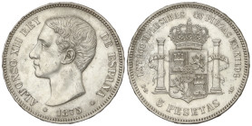 PESETA SYSTEM: ALFONSO XII

5 Pesetas. 1875 (*18-75). D.E.-M. (Golpecito en canto, rayitas. Limpiada). AC-35. EBC-.