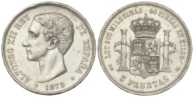 PESETA SYSTEM: ALFONSO XII

5 Pesetas. 1875 (*18-75). D.E.-M. (Leves golpecitos, algo limpiada). AC-35. EBC-.