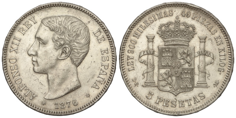 PESETA SYSTEM: ALFONSO XII

5 Pesetas. 1876 (*18-76). D.E.-M. (Rayitas). AC-36...