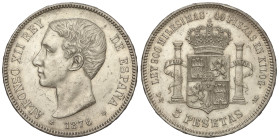 PESETA SYSTEM: ALFONSO XII

5 Pesetas. 1876 (*18-76). D.E.-M. (Rayitas). AC-36. EBC-.