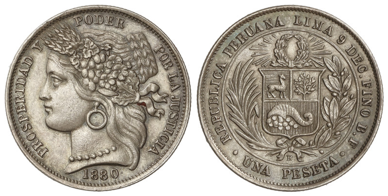 WORLD COINS: PERU

1 Peseta. 1880. LIMA. BF. 5,09 grs. AR. Bonita pátina. KM-2...