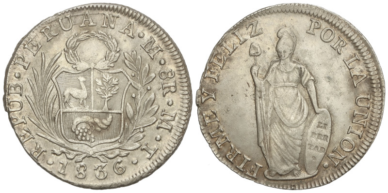 WORLD COINS: PERU

8 Reales. 1836. LIMA. M.T. 26,82 grs. AR. (Leves rayitas en...