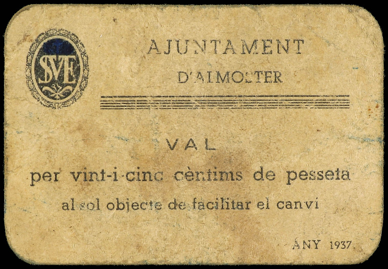 PAPER MONEY OF THE CIVIL WAR: CATALUNYA

25 Cèntims. 1937. Aj. d´ALMOSTER. Car...