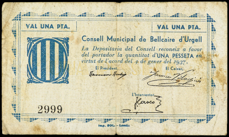 PAPER MONEY OF THE CIVIL WAR: CATALUNYA

1 Pesseta. 4 Gener 1937. C.M. de BELL...