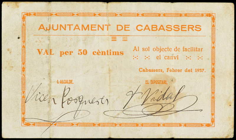 PAPER MONEY OF THE CIVIL WAR: CATALUNYA

50 Cèntims. Febrer 1937. Aj. de CABAS...