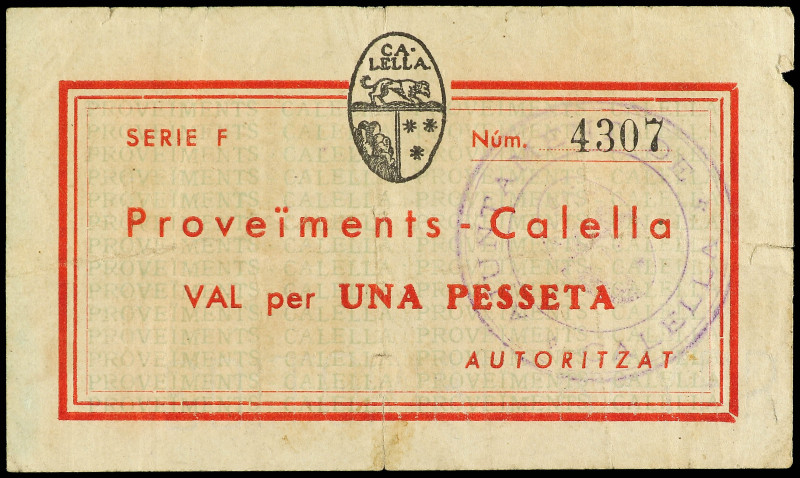 PAPER MONEY OF THE CIVIL WAR: CATALUNYA

1 Pesseta. Proveïments de CALELLA. Se...