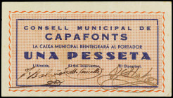 PAPER MONEY OF THE CIVIL WAR: CATALUNYA

1 Pesseta. C.M. de CAPAFONTS. Con firmas en anverso. MUY RARO. AT-647; RGH-7365. MBC+.
