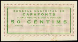 PAPER MONEY OF THE CIVIL WAR: CATALUNYA

50 Cèntims. C.M. de CAPAFONTS. Sin firmas y con sello tampón en reverso. Numero: 0075. (Manchitas). MUY RAR...