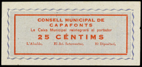 PAPER MONEY OF THE CIVIL WAR: CATALUNYA

25 Cèntims. C.M. de CAPAFONTS. Sin firmas y con sello tampón en reverso. MUY RARO. AT-649; RGH-7363. EBC-....