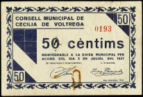 PAPER MONEY OF THE CIVIL WAR: CATALUNYA

50 Cèntims. C.M. de CECILIA DE VOLTREGA. (Manchas, rotura en margen central). RARO. AT-794. MBC-.