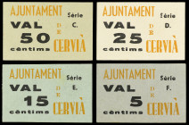 PAPER MONEY OF THE CIVIL WAR: CATALUNYA

Lote 4 billetes 5, 15, 25 y 50 Cèntims. Aj. de CERVIÀ DE LES GARRIGUES. Cartón. A EXAMINAR. MUY ESCASOS ASÍ...