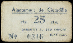 PAPER MONEY OF THE CIVIL WAR: CATALUNYA

25 Cèntims. Aj. de CIUTADILLA. Cartón. Tampón al dorso. AT-833. MBC+.