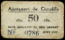 PAPER MONEY OF THE CIVIL WAR: CATALUNYA

50 Cèntims. Aj. de CIUTADILLA. Cartón. Tampón al dorso. AT-832. MBC.