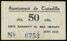 PAPER MONEY OF THE CIVIL WAR: CATALUNYA

50 Cèntims. Aj. de CIUTADILLA. Cartón. Numeración en azul. MUY RARO. AT-832a. EBC+.