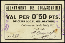 PAPER MONEY OF THE CIVIL WAR: CATALUNYA

0, 50 Pessetes. 20 Maig 1937. Aj. de COLLSESPINA. Cartón. (Manchita). MUY ESCASO. AT-861. EBC.