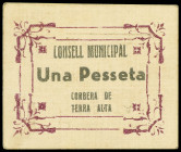 PAPER MONEY OF THE CIVIL WAR: CATALUNYA

1 Pesseta. C.M. de CORBERA DE TERRA ALTA. Cartón. Reverso invertido. MUY RARO. AT-881a; RGH-7671. EBC+.