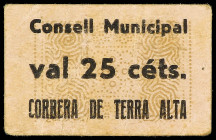 PAPER MONEY OF THE CIVIL WAR: CATALUNYA

25 Cèntims. C.M. de CORBERA DE TERRA ALTA. Cartón. RARO. AT-883; RGH-7669. MBC+.