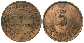 PAPER MONEY OF THE CIVIL WAR: CATALUNYA

5 Pessetes. UNIÓ DE COOPERADORS DE CORNELLÀ. AE. RARA. L-590 Variante metal. EBC+.