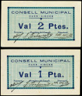 PAPER MONEY OF THE CIVIL WAR: CATALUNYA

Lote 2 billetes 1 y 2 Pessetes. C.M. de DUES AIGÜES. Sin sello tampón. RAROS. AT-917a, 918a. EBC- a EBC.