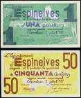PAPER MONEY OF THE CIVIL WAR: CATALUNYA

Lote 2 billetes 50 Céntims y 1 Pesseta. 2 Juliol 1937. Aj. d´ ESPINELVES. 50 Cèntims reverso invertido. AT-...