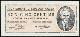 PAPER MONEY OF THE CIVIL WAR: CATALUNYA

5 Cèntims. 1 Octubre 1937. Aj. de L´ ESPLUGA CALVA. MUY ESCASO. AT-953. EBC.