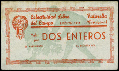 PAPER MONEY OF THE CIVIL WAR: CATALUNYA

2 Enteros. Emisión 1937. COLECTIVIDAD LIBRE DEL CAMPO. C.N.T. FATARELLA. Cartón. Sin firmas. (Algo sucio). ...