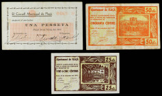 PAPER MONEY OF THE CIVIL WAR: CATALUNYA

Lote 3 billetes 25, 50 Cèntims y 1 Pesseta. 14 Maig 1937 y 27 Setembre 1937. Aj. y C.M. de FLAÇÀ. A EXAMINA...