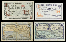 PAPER MONEY OF THE CIVIL WAR: CATALUNYA

Lote 4 billetes 25, 50 Cèntims, 1 y 2 Pessetes. Maig y Juliol de 1937. C.M. de FLIX. AT-1017/1020.