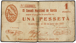 PAPER MONEY OF THE CIVIL WAR: CATALUNYA

 1 Pesseta. 22 Juny 1937. C.M. de GARCIA. (Casi en dos pedazos con restos de cinta adhesiva). MUY RARO. AT-...