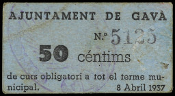 PAPER MONEY OF THE CIVIL WAR: CATALUNYA

50 Cèntims. 8 Abril 1937. Aj. de GAVÀ. Cartón. (Manchitas del tiempo). MUY ESCASO. AT-1103. MBC+.