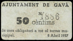 PAPER MONEY OF THE CIVIL WAR: CATALUNYA

50 Cèntims. Aj. de GAVÀ. Cartulina gris claro (no reseñado). RARO. AT-1103. MBC+.