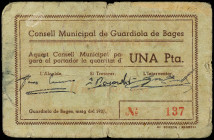 PAPER MONEY OF THE CIVIL WAR: CATALUNYA

1 Pesseta. C.M. de GUARDIOLA DE BAGES. (Roturas). MUY RARO. AT-1200. MBC-.