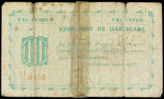 PAPER MONEY OF THE CIVIL WAR: CATALUNYA

2 Pessetes. Agost 1937. Aj. de LLARDECANS. (Roturas, algunas reparadas con cinta adhesiva.Manchas). RARO. A...